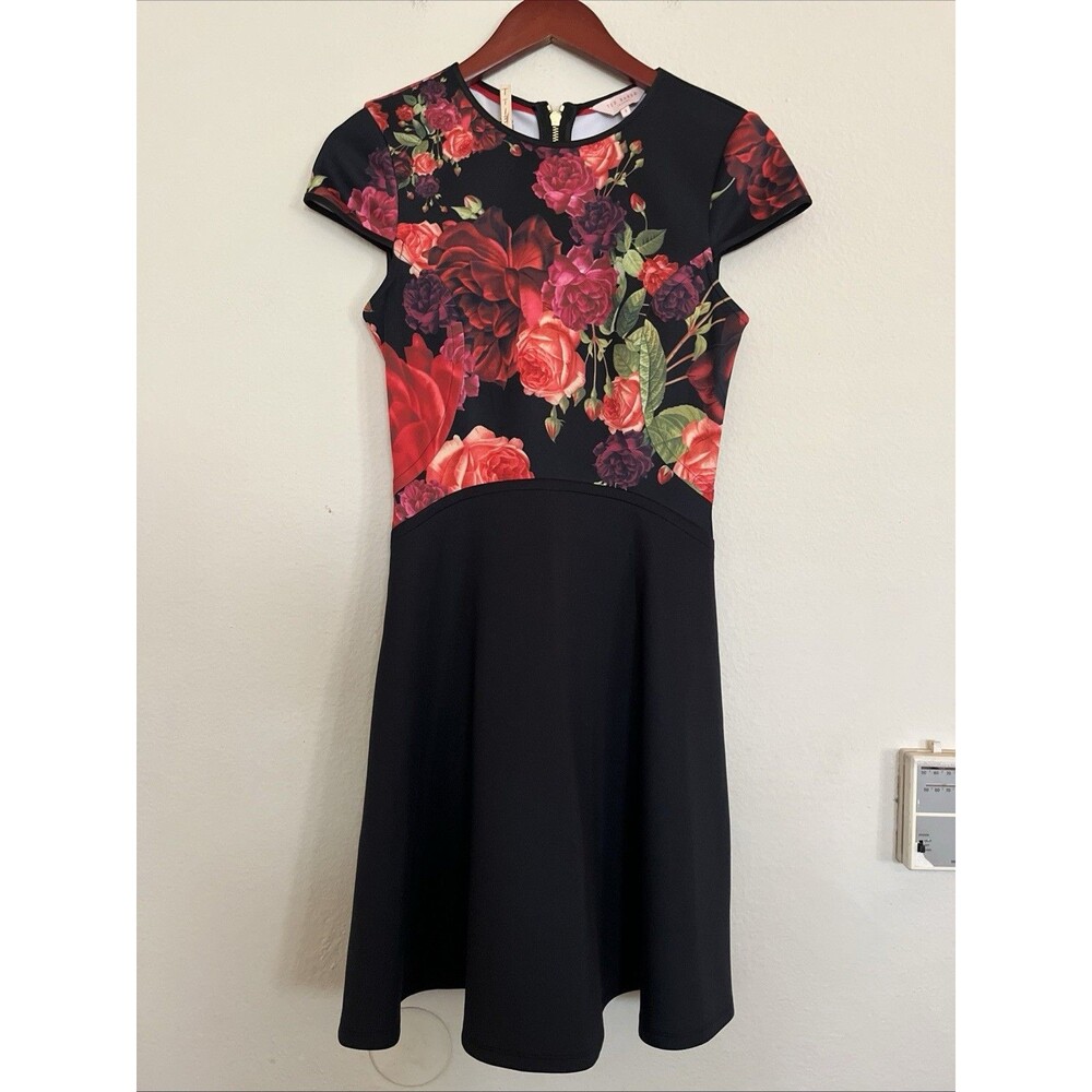 Ted Baker Xylee Skater Dress Floral Scuba Cap Sleeve Fit&Flare SZ 1 US 4